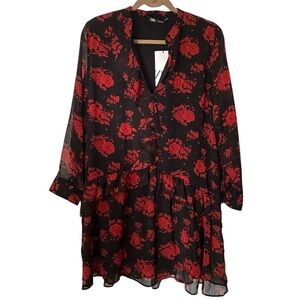 Zara Black Red Floral Ruffle Mini Dress Sheer Long Sleeve XXL NWT
